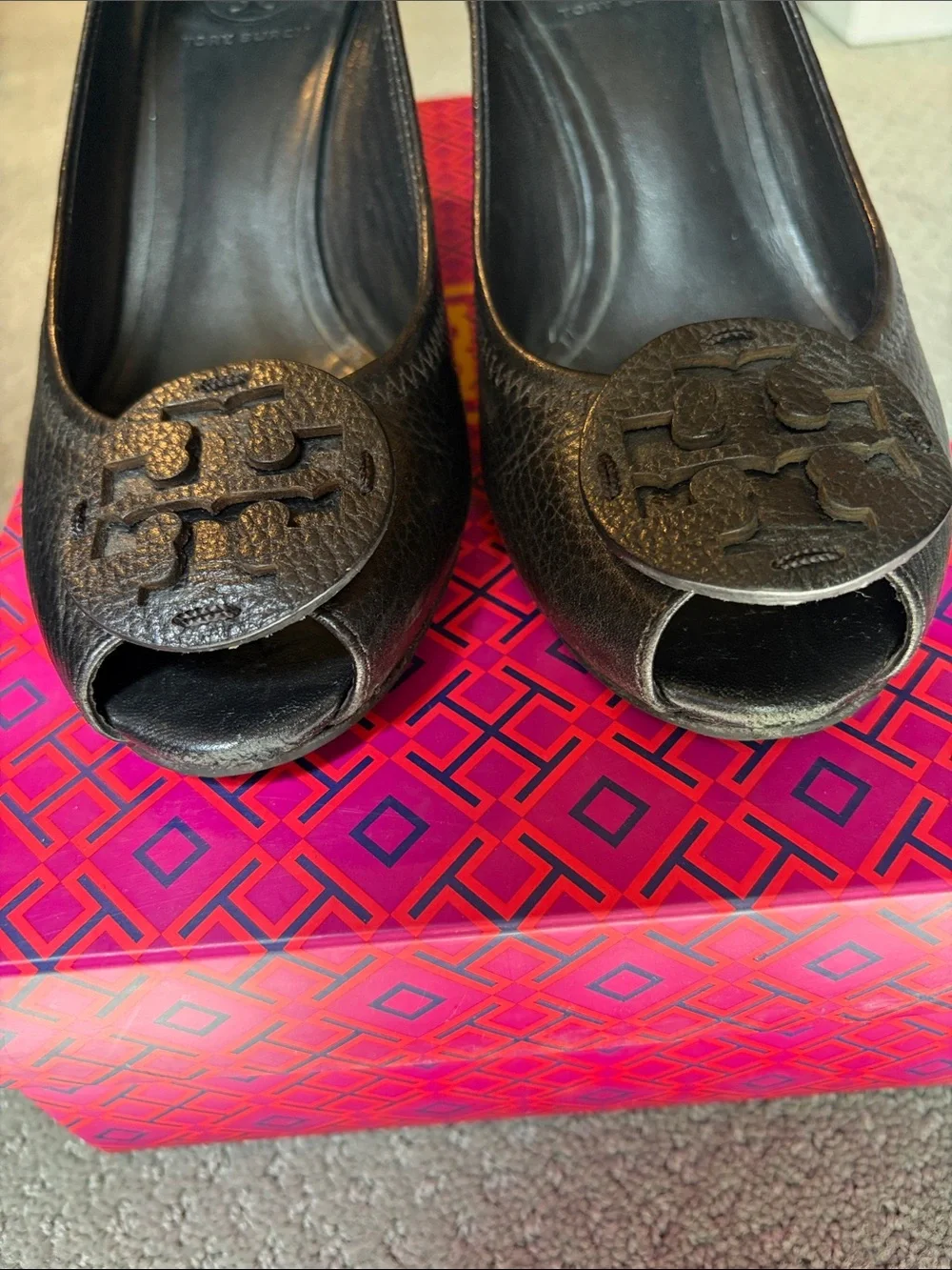 Tory Burch Women's Sally 2 Black Tumbled  Leather Peep Toe Wedges